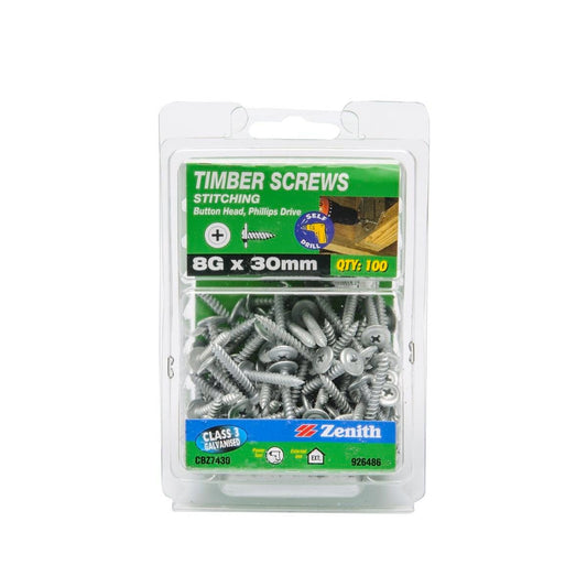 Zenith Timber Screws 8g x 30mm Galvanised Button Head 100 Pack - Auzzistore