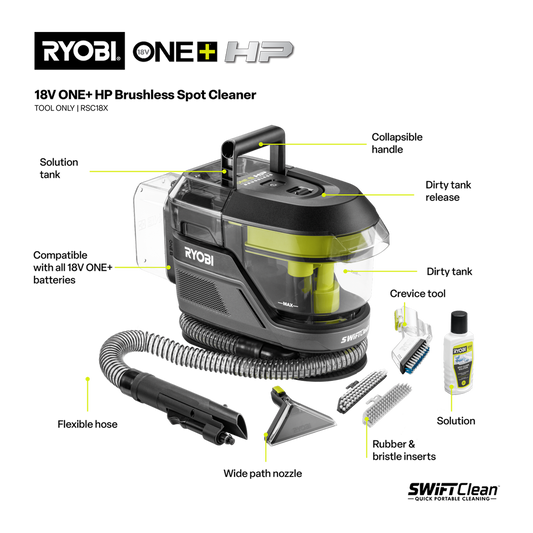 Ryobi 18V ONE+ HP Brushless Swiftclean Spot Cleaner Tool Only - 250ml - Portable Stain Remover – view 2 - Auzzistore