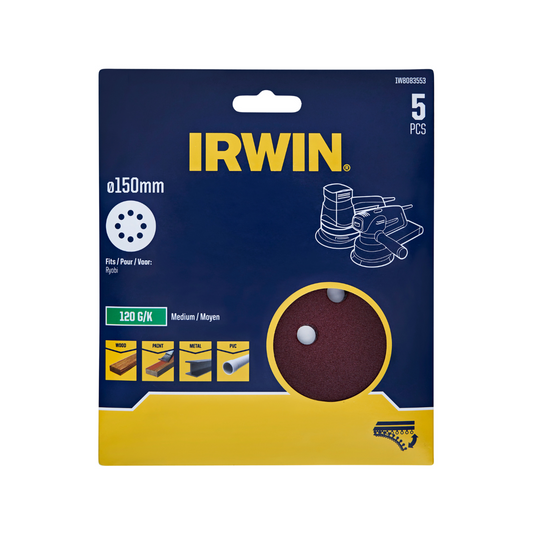 Irwin 150mm Quick Fit Random Orbital Sanding Discs 5 Pack - 120 Grit - Aluminium Oxide - Auzzistore
