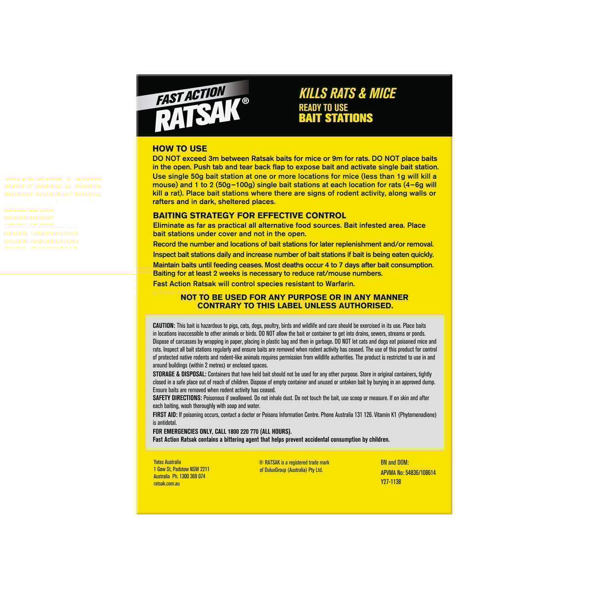 RATSAK Fast Action Bait Station 200g Brodifacoum 4 Packs Effective