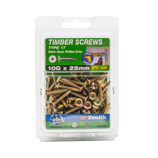 Zenith 10g x 25mm Gold Passivated Type 17 Wafer Head Timber Screws - 100 Pack - Auzzistore