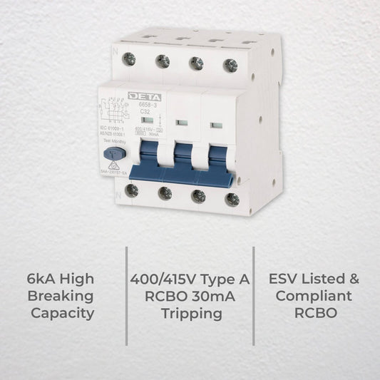 Deta 32A 3 Phase RCBO - 6kA High Breaking Capacity - 30mA Tripping – view 2 - Auzzistore