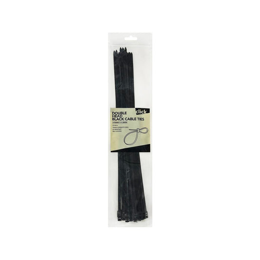 Click 370mm Black Double Headed Cable Tie 25 Pack - Durable Nylon - UV Resistant