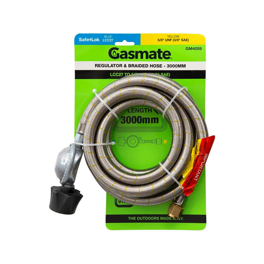 Gasmate Regulator Braided Hose 3000mm LCC27 to 5/8" UNF - Durable Connection - Auzzistore