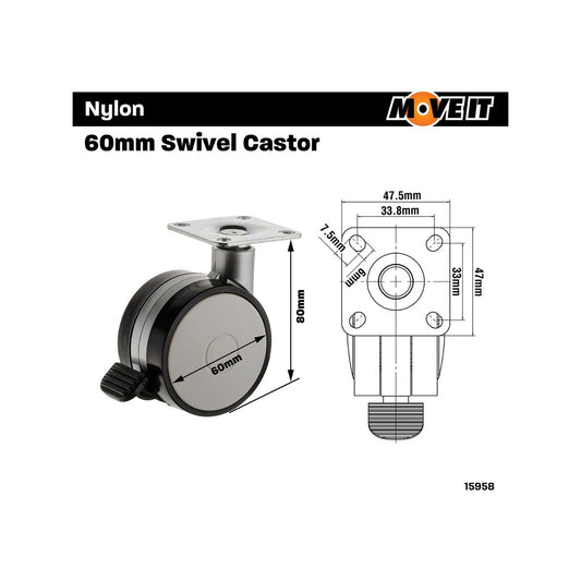 Easyroll Office Swivel Brake Castor - 60mm - Nylon/Steel - 30kg Load – view 2 - Auzzistore