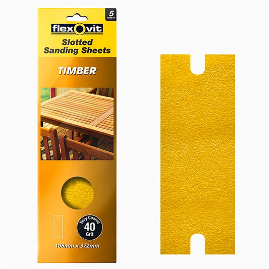 Flexovit 40 Grit Timber Slotted Sanding Sheet 108 x 372mm 5 Pack - Auzzistore