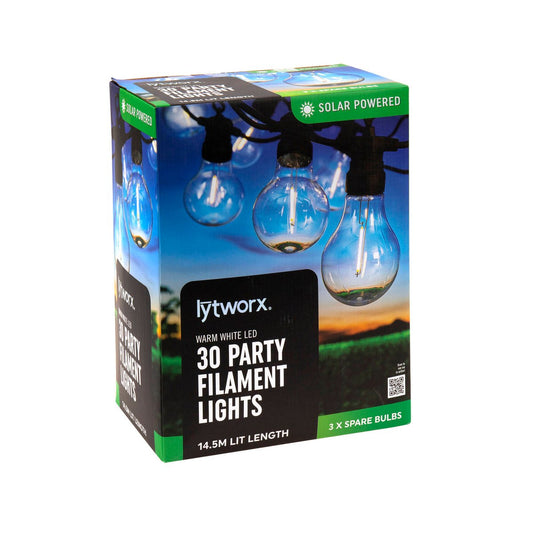 Lytworx Solar Party Filament Lights 30 Pack - 14.5m - Warm White - Indoor/Outdoor - Auzzistore