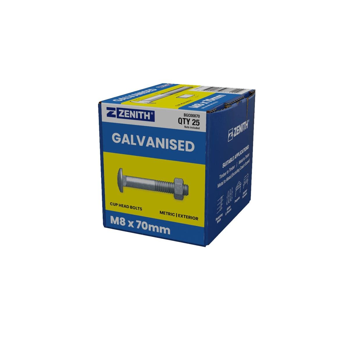 Zenith M8 x 70mm Hot Dip Galvanised Cup Head Bolts And Nuts 25 Pack