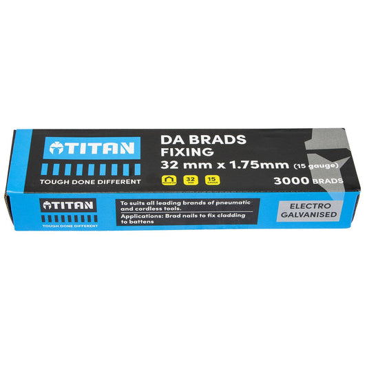 Titan 32x 1.75mm Electro Galvanised 34° Angled Collated Nail Da Brads Pack of 3000 - Durable Fasteners for Carpentry - Auzzistore