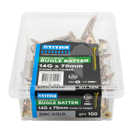 Titan 14g Zinc Gold Timber Bugle Batten Screw - 75mm - 100 Pack - Corrosion Resistant - Auzzistore