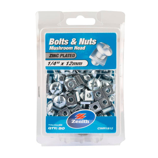 Zenith Mushroom Head Bolts and Nuts 1/4 x 12mm Zinc Plated 50 Pack