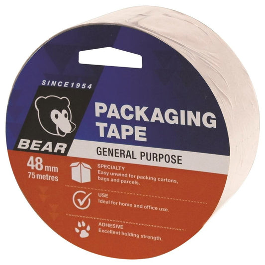 Bear Clear Polypropylene Packaging Tape 48mm x 75m Easy Unwind - Auzzistore