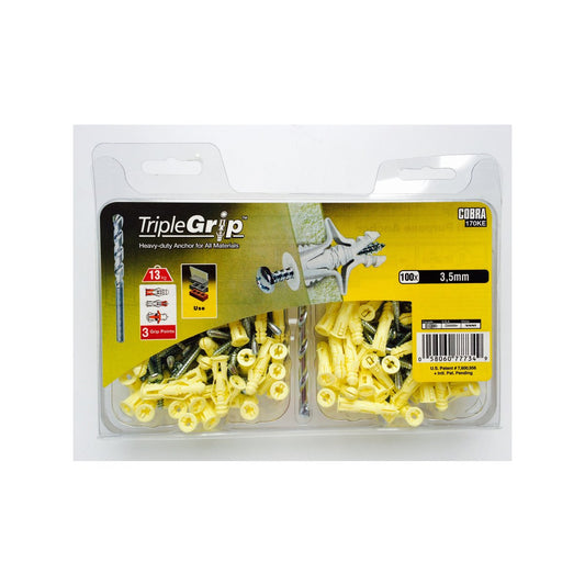 Cobra 3 5mm Anchor Triple Grip Screws - 100 Pack - Steel - Silver - Auzzistore