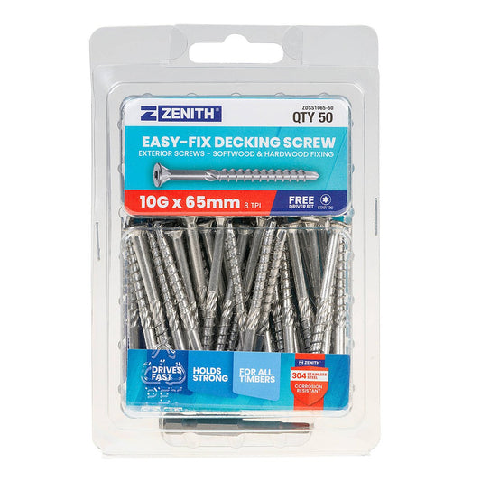 Zenith Easy Fix Decking Screw T20 10g x 65mm SS304 - 50 Pack - Corrosion Resistant - Auzzistore