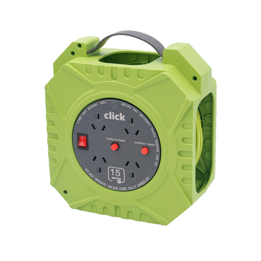 Click 15m Domestic 4 Outlet Cable Reel - Green and Grey - Safety Features - Auzzistore
