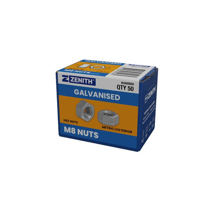 Zenith M8 Hot Dip Galvanised Hex Nuts 50 Pack - 4.6 Grade Steel - Rust Resistant
