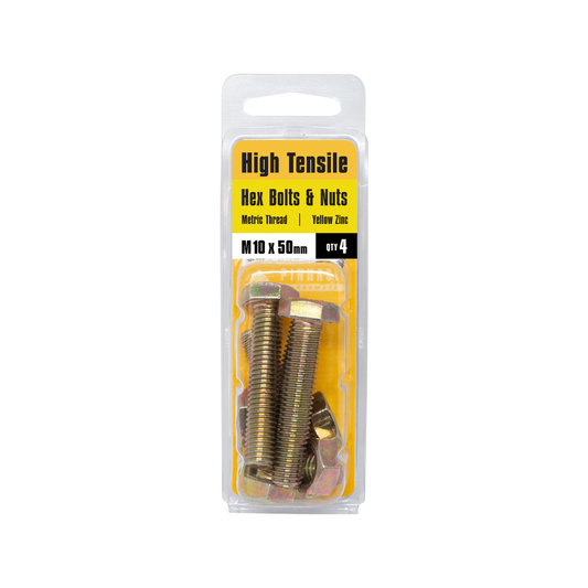 Pinnacle M10 Yellow Zinc Hi Tensile Hex Bolt and Nut 50mm 4 Pack – view 2 - Auzzistore
