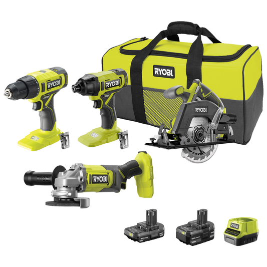 Ryobi 18V ONE+ 4-Piece Kit R18X4C1422B - Drill Driver, Impact Driver, Grinder, Saw - 585mm x 295mm x 225mm - Auzzistore
