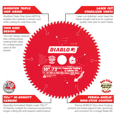Diablo 10inch 254mm 72t Composite Decking Saw Blade - Precision Cuts - TiCo Carbide