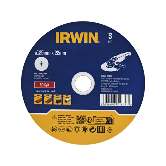 Irwin Fibre Disc 3 Pack - 125 x 22mm - 80 Grit - Aluminium Oxide - Surface Preparation - Auzzistore