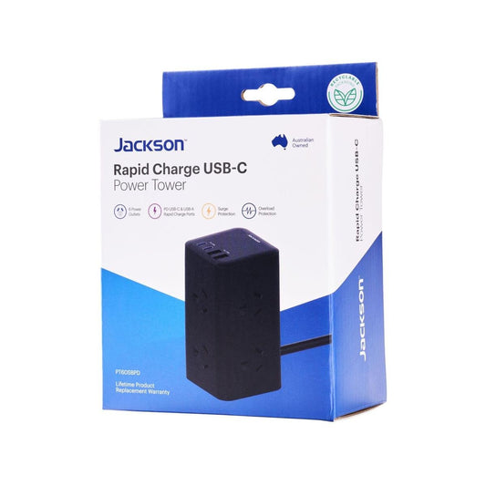 Jackson Rapid Charge USB C Power Tower - 6 Outlets - 1m Lead - Surge Protection