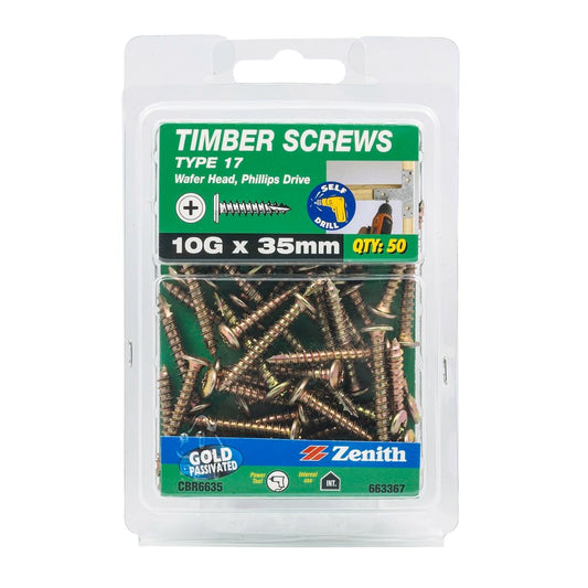 Zenith 10g x 35mm Gold Passivated Type 17 Wafer Head Timber Screws - 50 Pack - Auzzistore