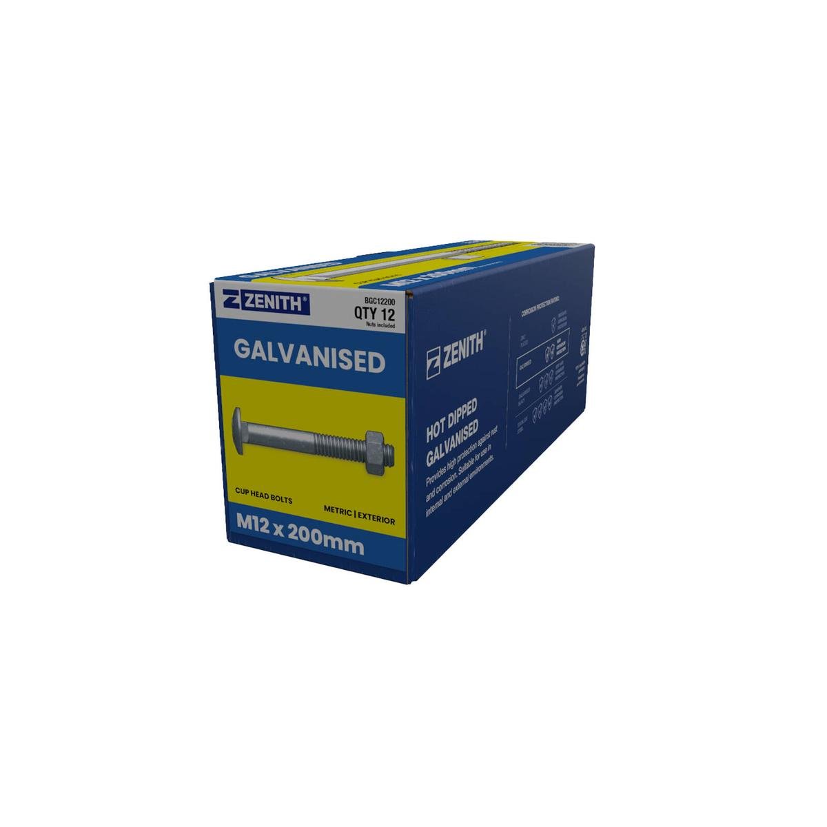 Zenith Hot Dip Galvanised Cup Head Bolts Nuts M12 x 200mm 12 Pack