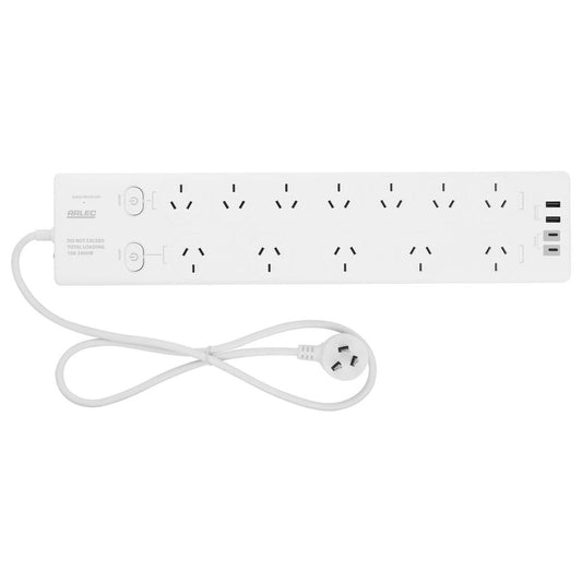 Arlec 12 Outlet Surge Protected Powerboard 190mm x 30mm - White - PD20W USB Charging