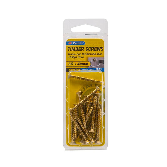 Zenith Timber Screws - 8g x 40mm - Brass Plated - Countersunk Head - 20 Pack