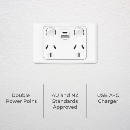 Deta Double Pole Double Power Point with USB A+C - 250V - 10A - 50mm x 74mm x 115mm – view 2 - Auzzistore