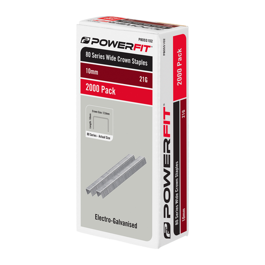 Powerfit 10mm Electro Galvanised Wide Crown Staples - 2000 Pack - 21 Gauge - Durable
