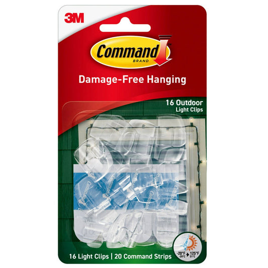 Command Outdoor Light Clips - Clear - 16 Clips & 20 Strips - Damage Free Decorating - 98.2mm x 171.45mm x 36.57mm - Auzzistore