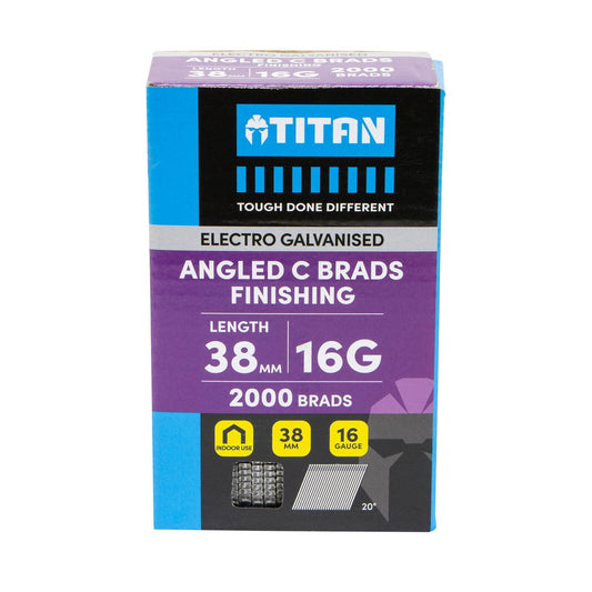 Titan 38mm 16 Gauge Electro Galvanised 20° Angled Collated Nail Brads Pack of 2000 - Chisel Point - Corrosion Resistant - Auzzistore