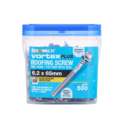 Bremick Vortex Plus Roofing Screw 6.2 x 65mm Hex B8 - Box of 500 - Vortex Point - Watertight Seal – view 2 - Auzzistore