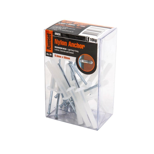 Ramset Nylon Anchor 6.5mm x 50mm Mushroom Head 20 Pack - Auzzistore