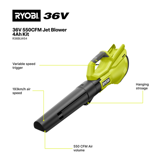 Ryobi 36V Jet Blower Kit - 550CFM - 4.0Ah Battery - 193km/h Air Speed – view 2