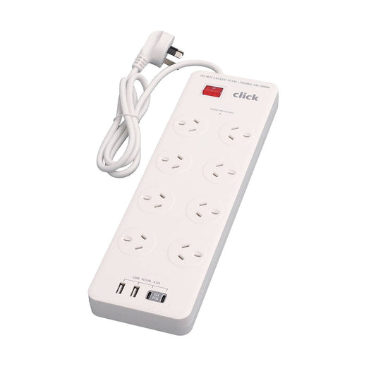 Click 8 Outlet Power Board with USB Charger - 240V - Surge Protection - 1m Lead