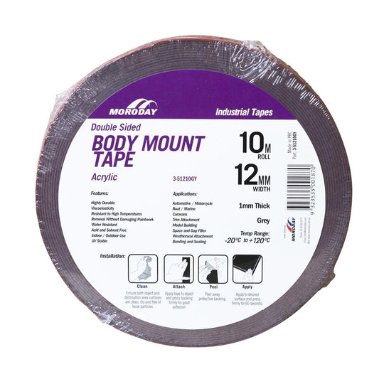 Moroday Double Sided Body Mount Tape - 12mm x 10m - Acrylic - UV Stable