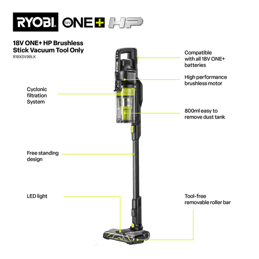 Ryobi 18V ONE+ HP Stick Vacuum Tool Only - 800ml - Black - Lightweight, Powerful Suction – view 2