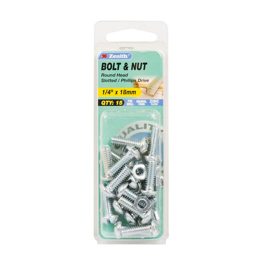 Zenith Round Head Bolt & Nut - 1/4 x 18mm - 15 Pack - Zinc Plated - Auzzistore