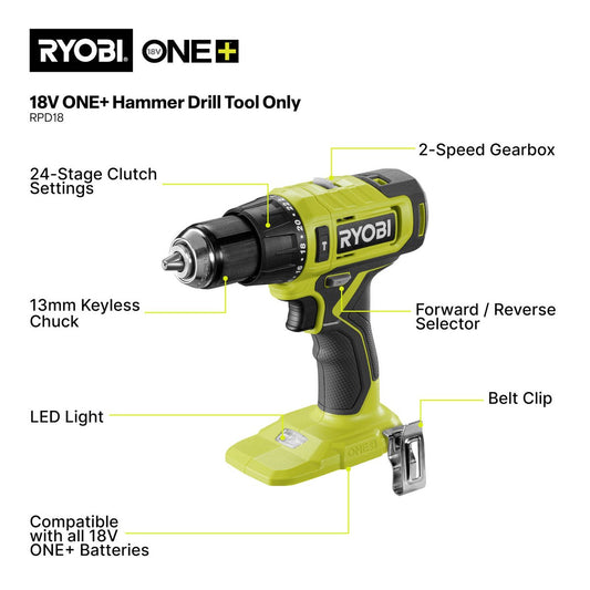 Ryobi 18V ONE+ Hammer Drill Kit - 2Ah Battery - 90 Accessories - 165mm x 220mm x 360mm – view 2 - Auzzistore