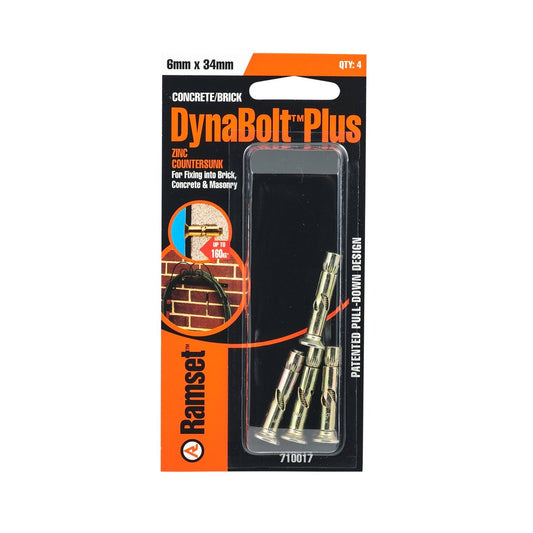 Ramset Dynabolt Plus 6 x 34mm Flat Head Bolt 4 Pack Gold Steel - Auzzistore