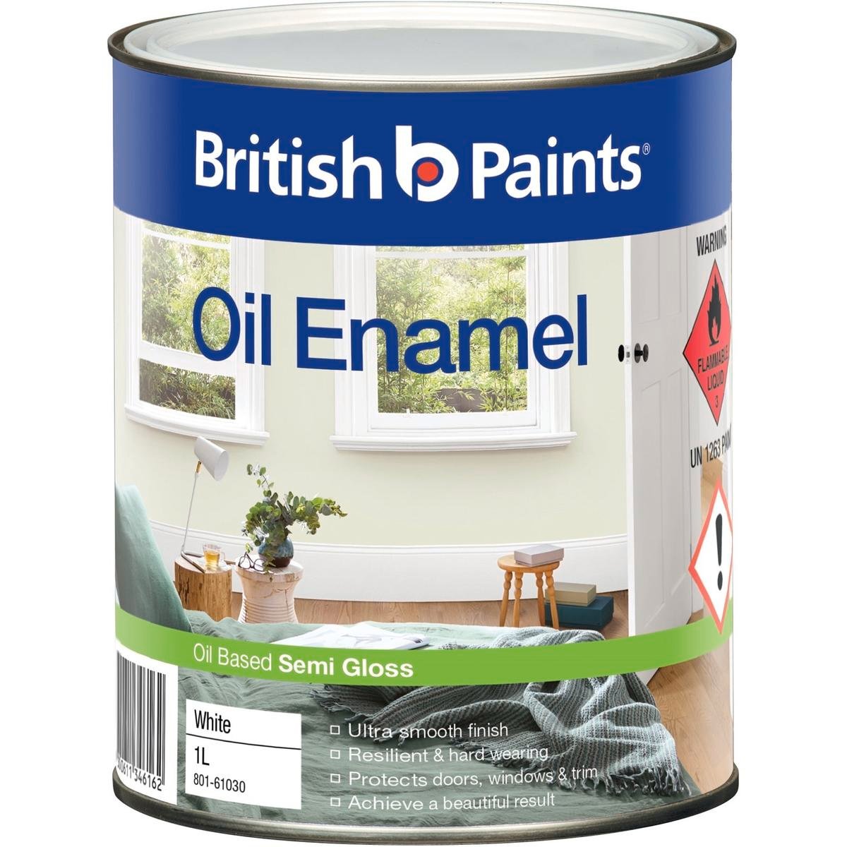 British Paints Enamel 1L White Semi Gloss Oil Based Paint - Hard Wearing