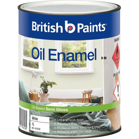 British Paints Enamel 1L White Semi Gloss Oil Based Paint - Hard Wearing