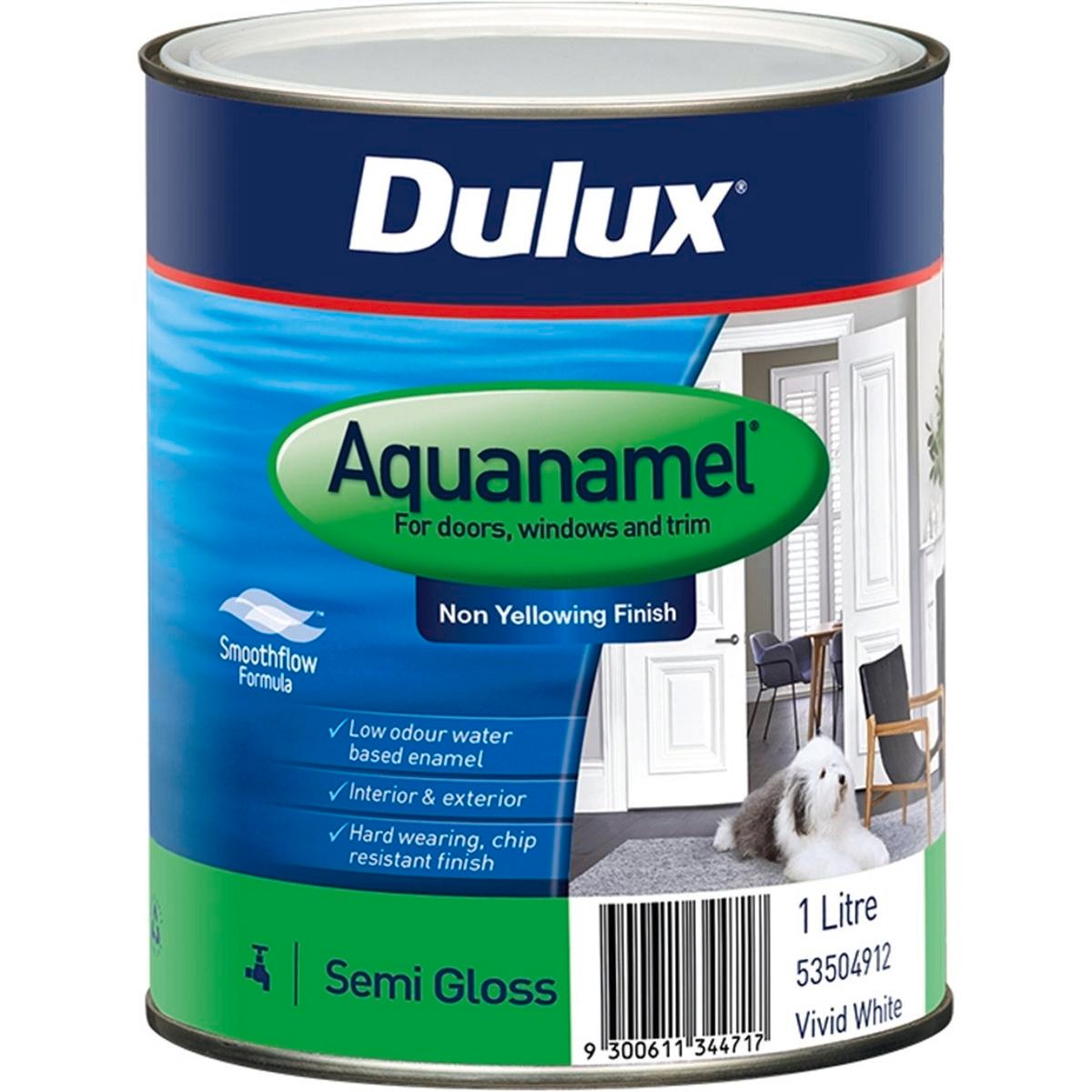 Dulux Aquanamel Semi Gloss White 1L Paint - Water-Based - Fast Drying