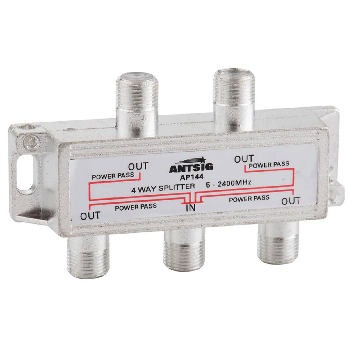 Antsig 4 Way Splitter - Digital TV Signal - Zinc/Aluminium - Indoor Use
