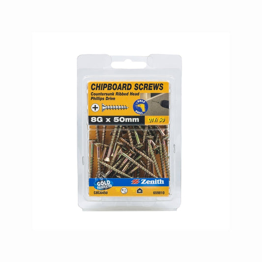 Zenith Gold Passivated Chipboard Screws - 8g x 50mm - 50 Pack - Countersunk Rib Head – view 2 - Auzzistore