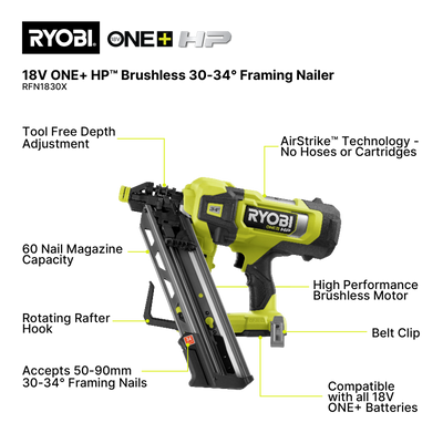Ryobi 18V ONE+ HP Brushless AirStrike Framing Nailer 30-34° - Tool Only - Efficient, Cordless