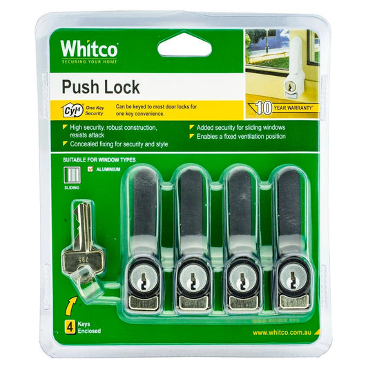 Whitco Sliding Window Push Lock 4 Pack - 13mm x 81mm x 37mm - Black - High Security - Auzzistore