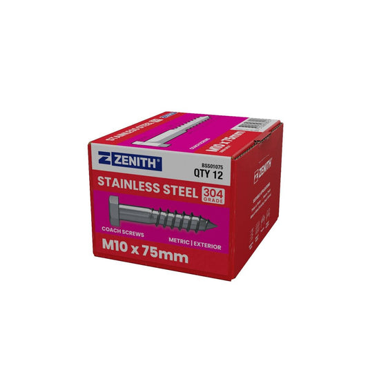 Zenith Hex Head Coach Screws M10 x 75mm Stainless Steel 304 Grade 12 Pack - Auzzistore